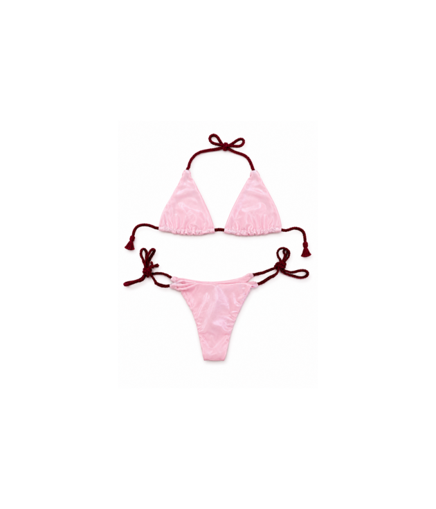 Bikini Giolen rosa con laccetti bordeaux